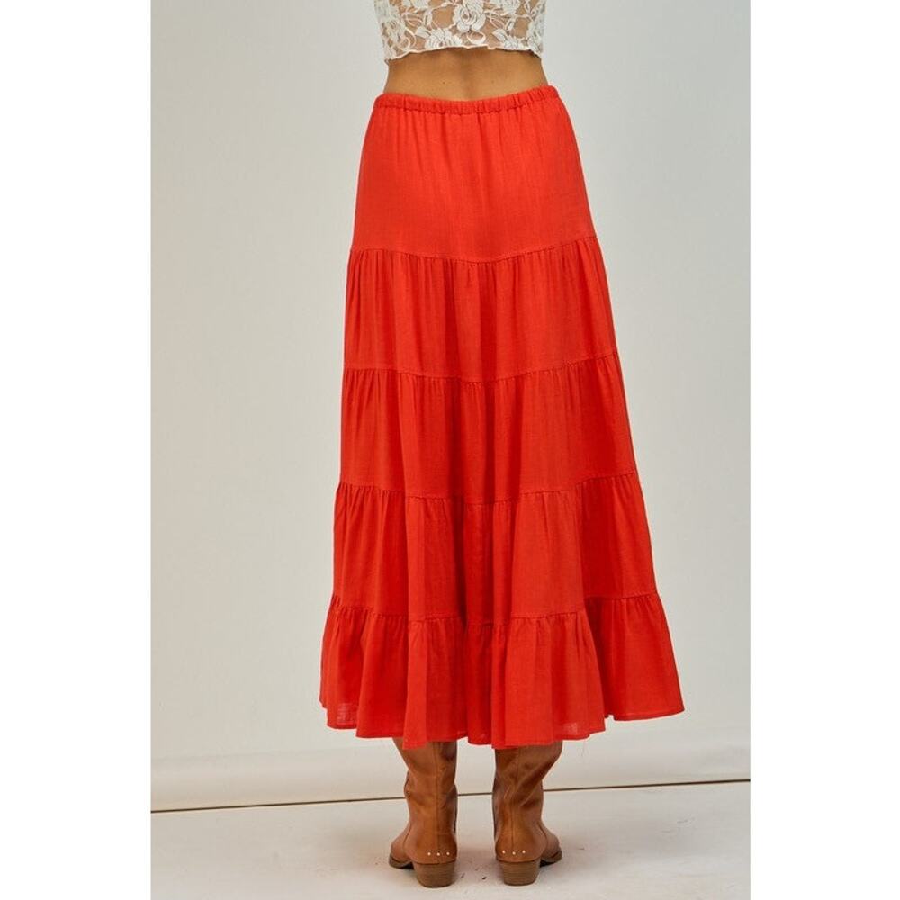 Boho Linen Blend Tiered Maxi Skirt with Drawstring Waist – Vibrant Orange-Red - Picture 3 of 7